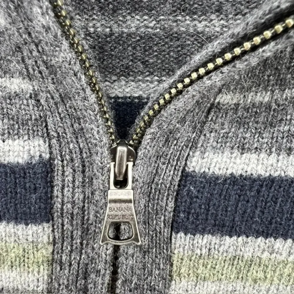 Banana Republic 1/4 Zip Lambs Wool Sweater Mens L Gray Blue Stripe Y2K Preppy
